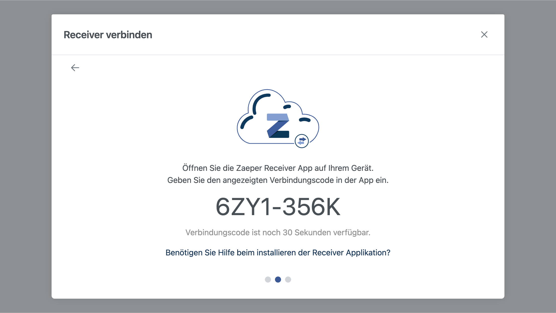 Connection code display in Zaeper Dashboard