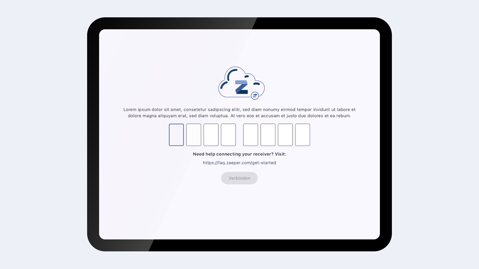 Receiver connection screen showing code entry